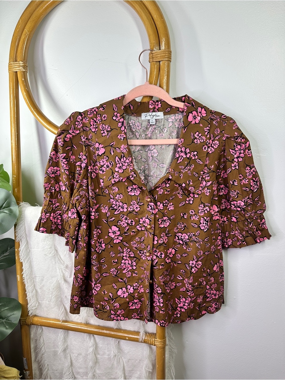 Polagram Pink and Brown Floral Puff Sleeve Blouse sz L